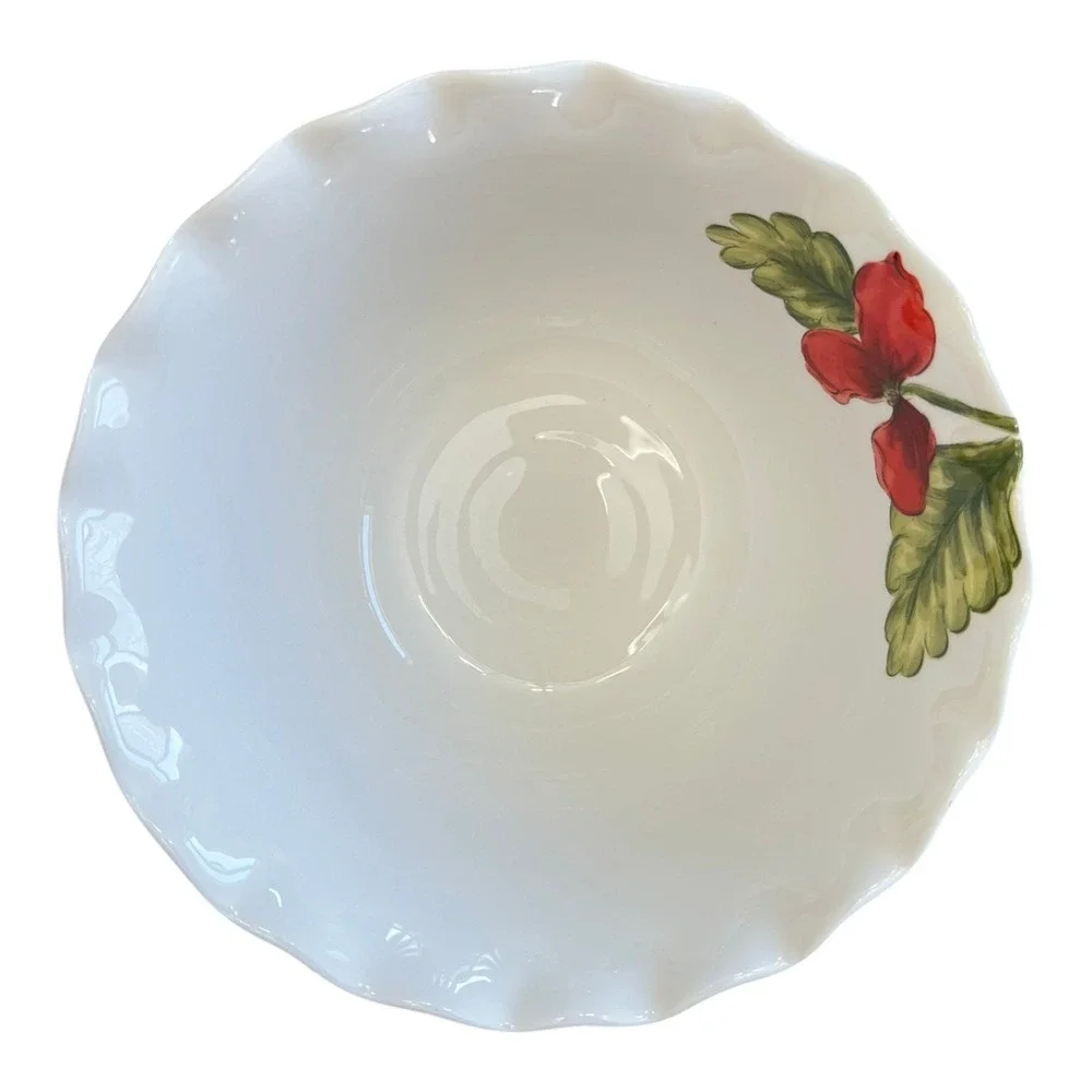Maxcera‎ Cream Poppies Serving Bowl Large 10in White Red NWOT Floral Scalloped